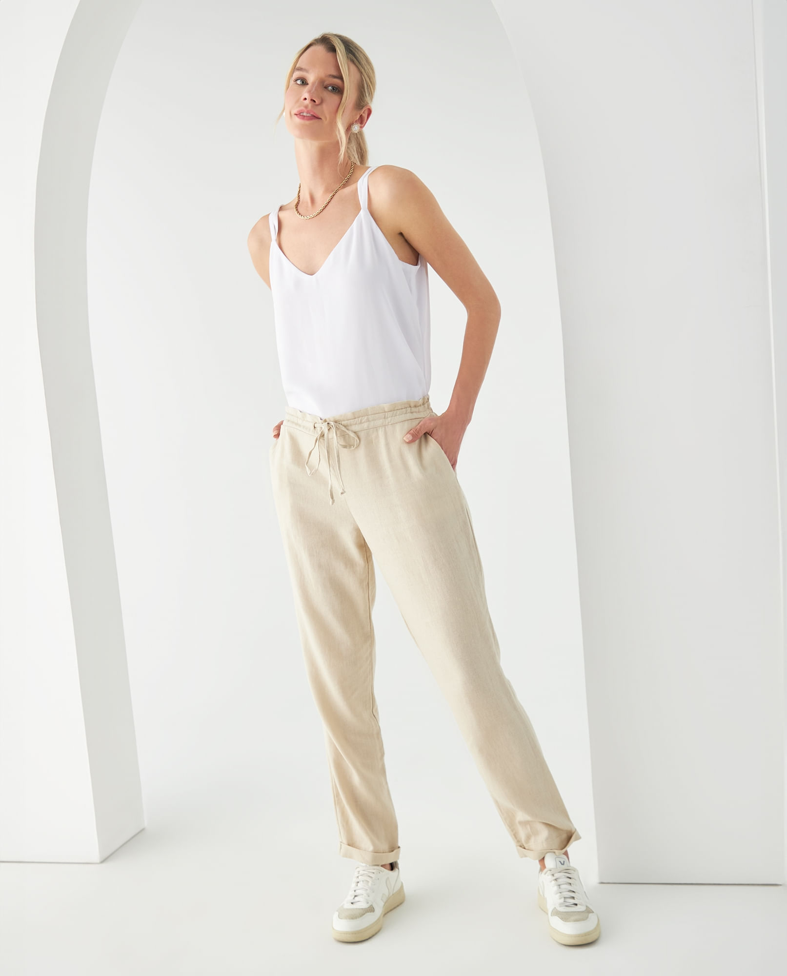 Pantalón para mujer azul con mezcla de lino