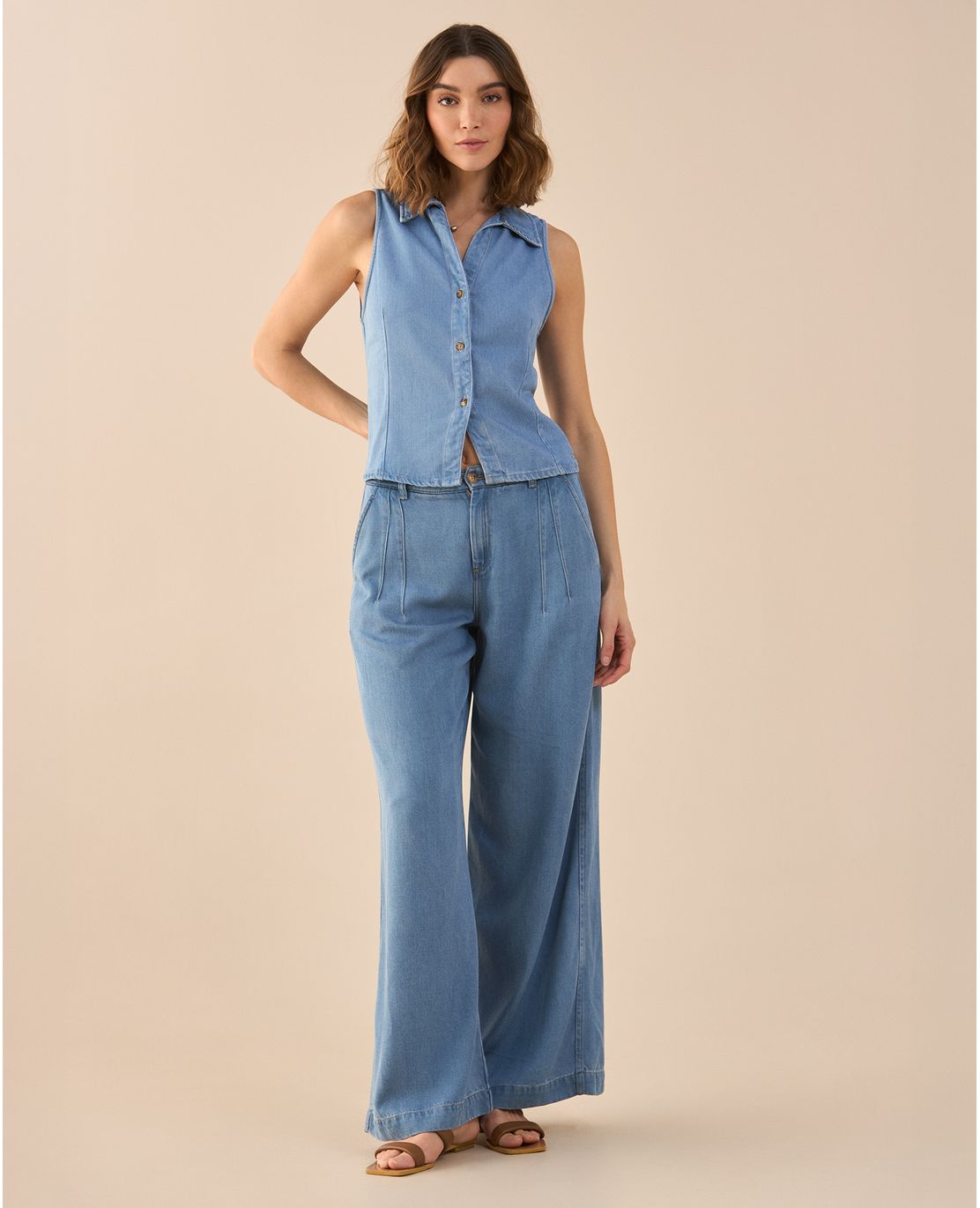 Pantalón Wide Leg tono medio para mujer