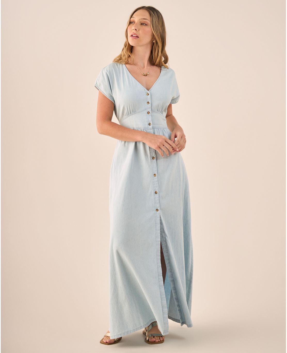 Vestido Largo Azul con Cinturón Ajustable