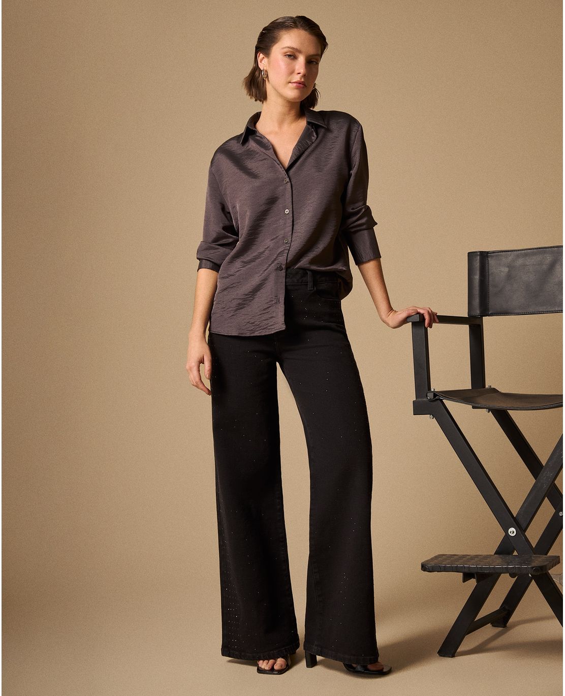 Jean Wide Leg Negro con Aplicaciones Brillantes