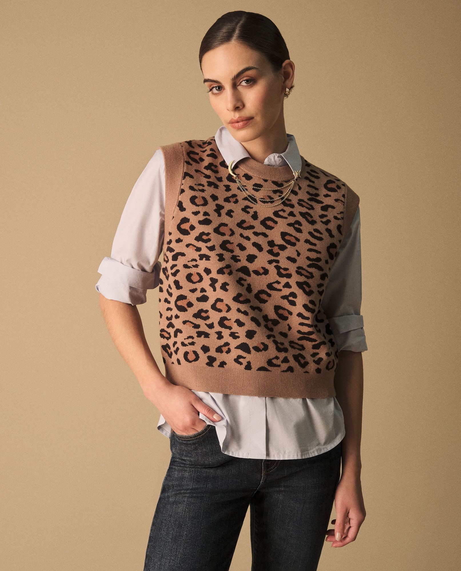 Chaleco Tejido Animal Print Beige
