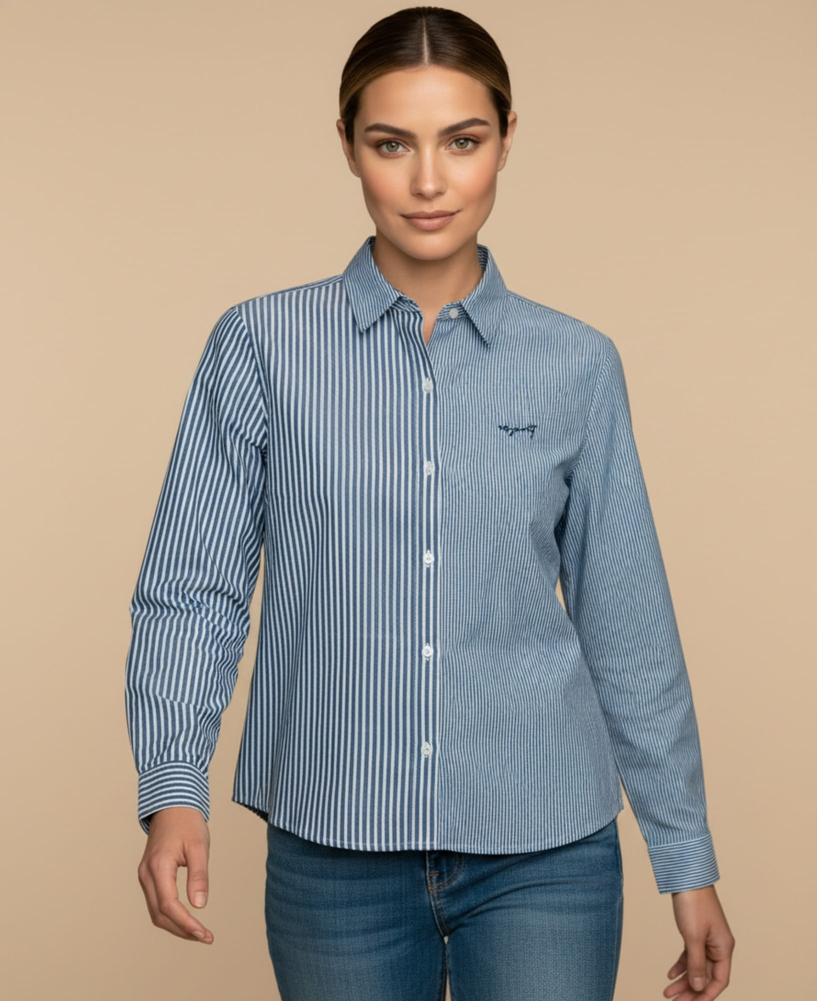Camisa manga larga con paneles contrastantes para mujer