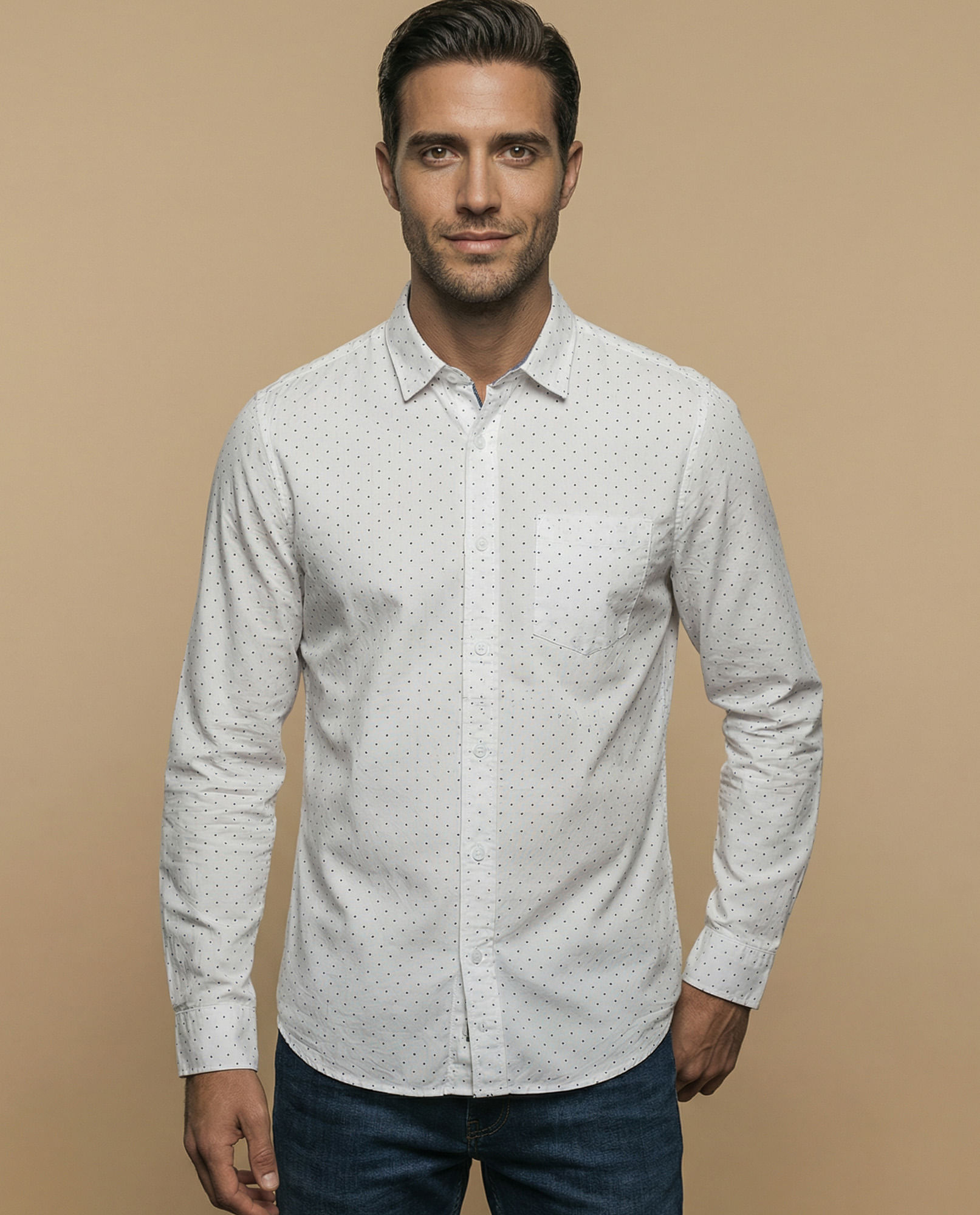 Camisa clásica manga larga con estampado de microlunares para hombre