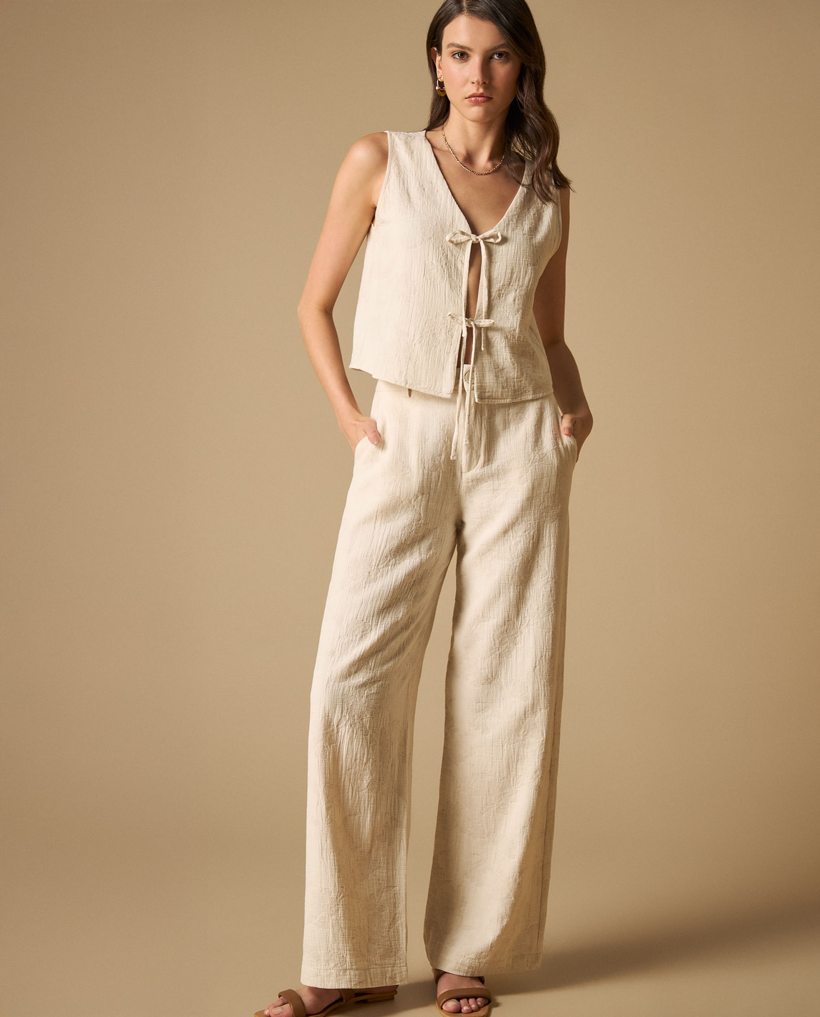 Pantalón palazzo de cintura alta con cordón para mujer