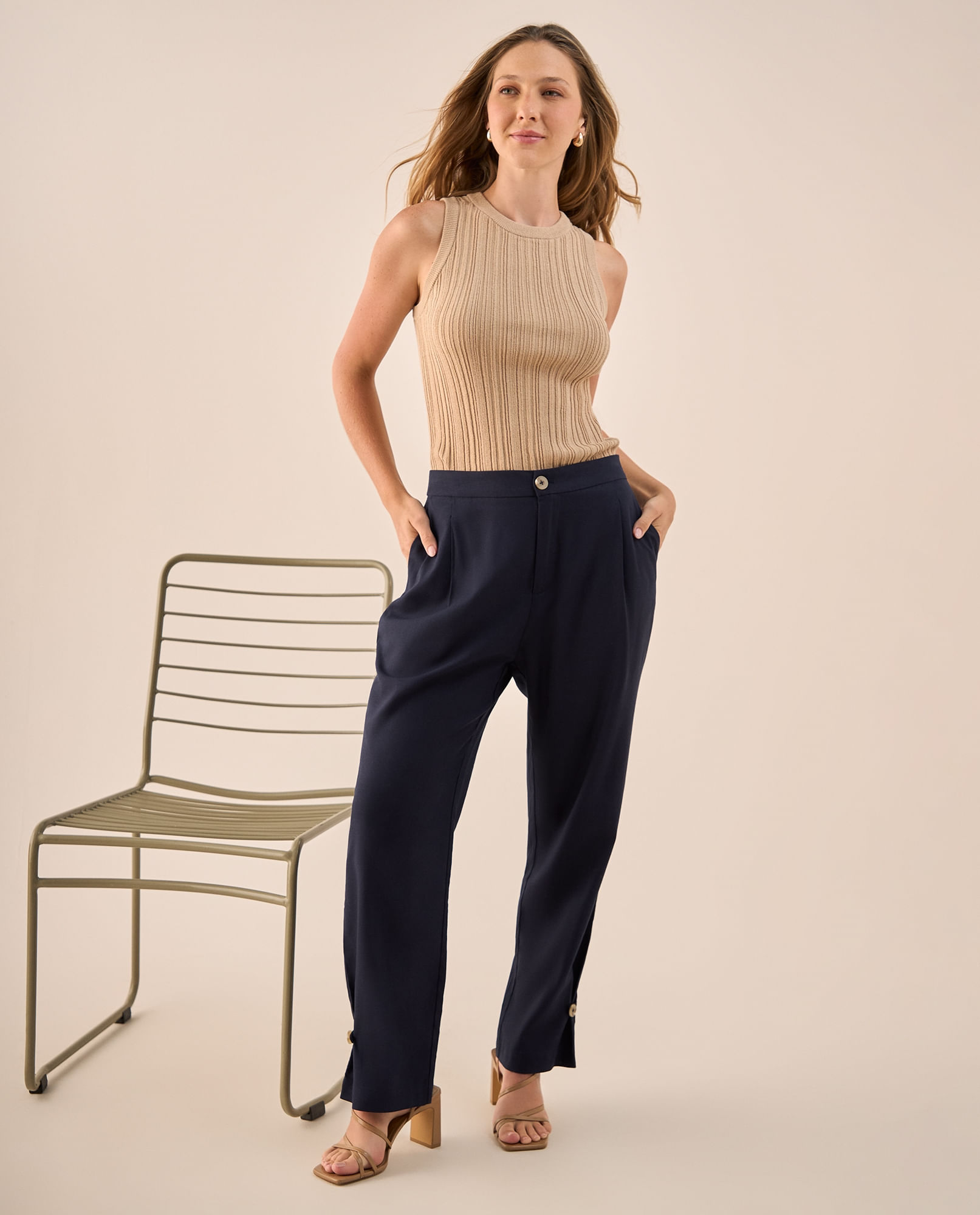 Pantalón Wide Leg Azul con Pliegues Frontales
