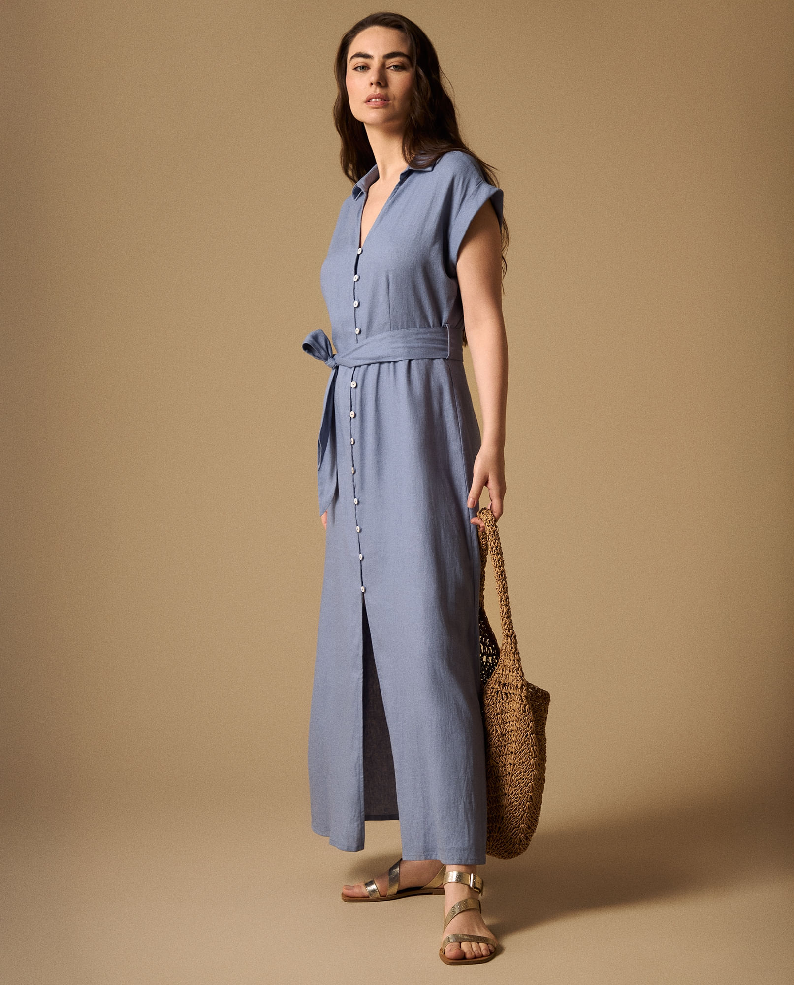 Vestido Camisero Azul con Cinturón Incluido