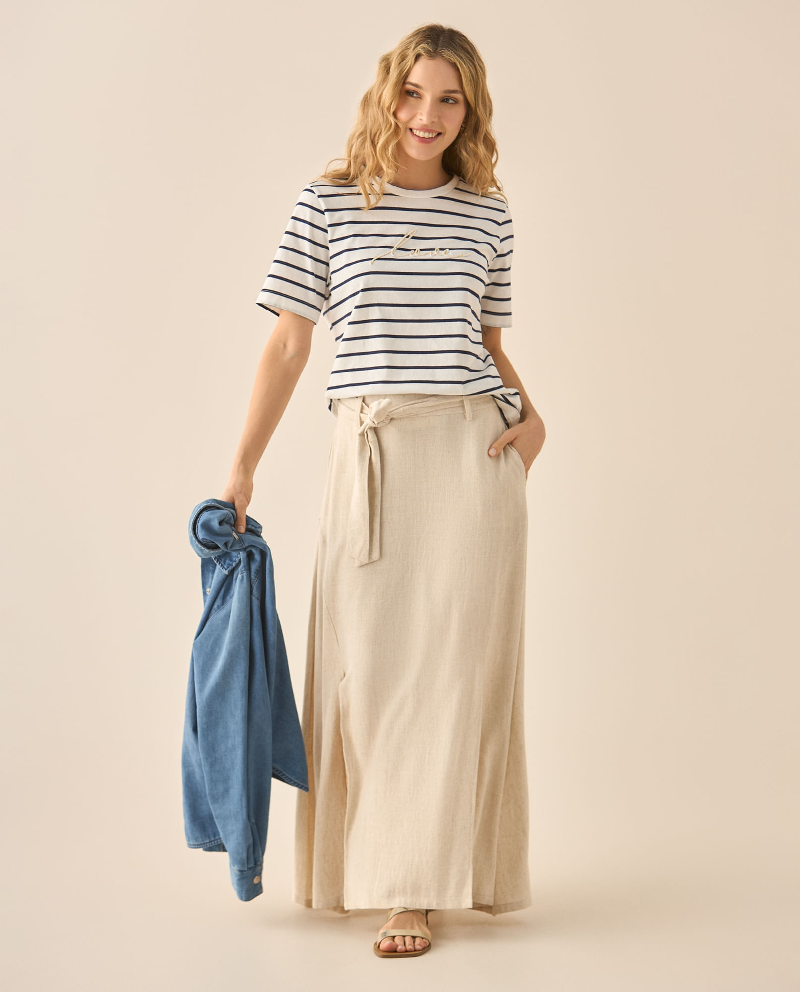 Falda larga tipo lino para mujer