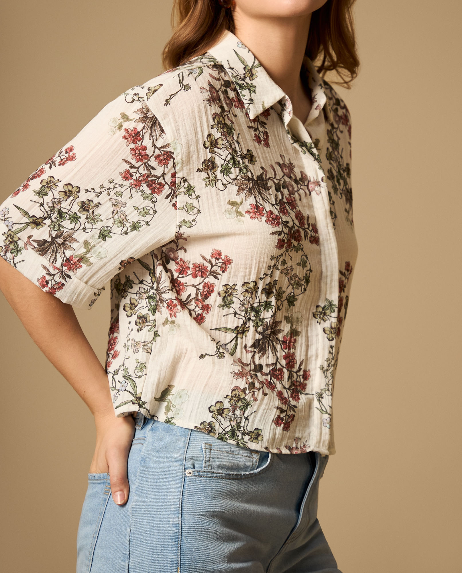 Camisa fluida manga 3/4 cuello camisero
