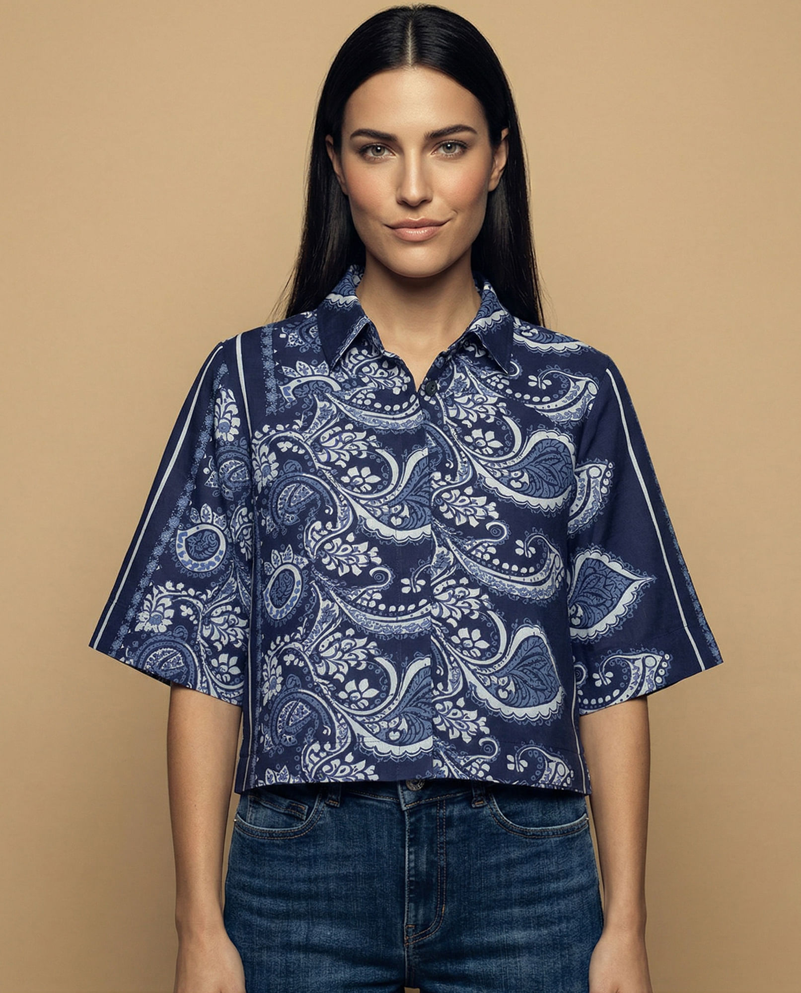 Camisa manga 3/4 cuello camisero