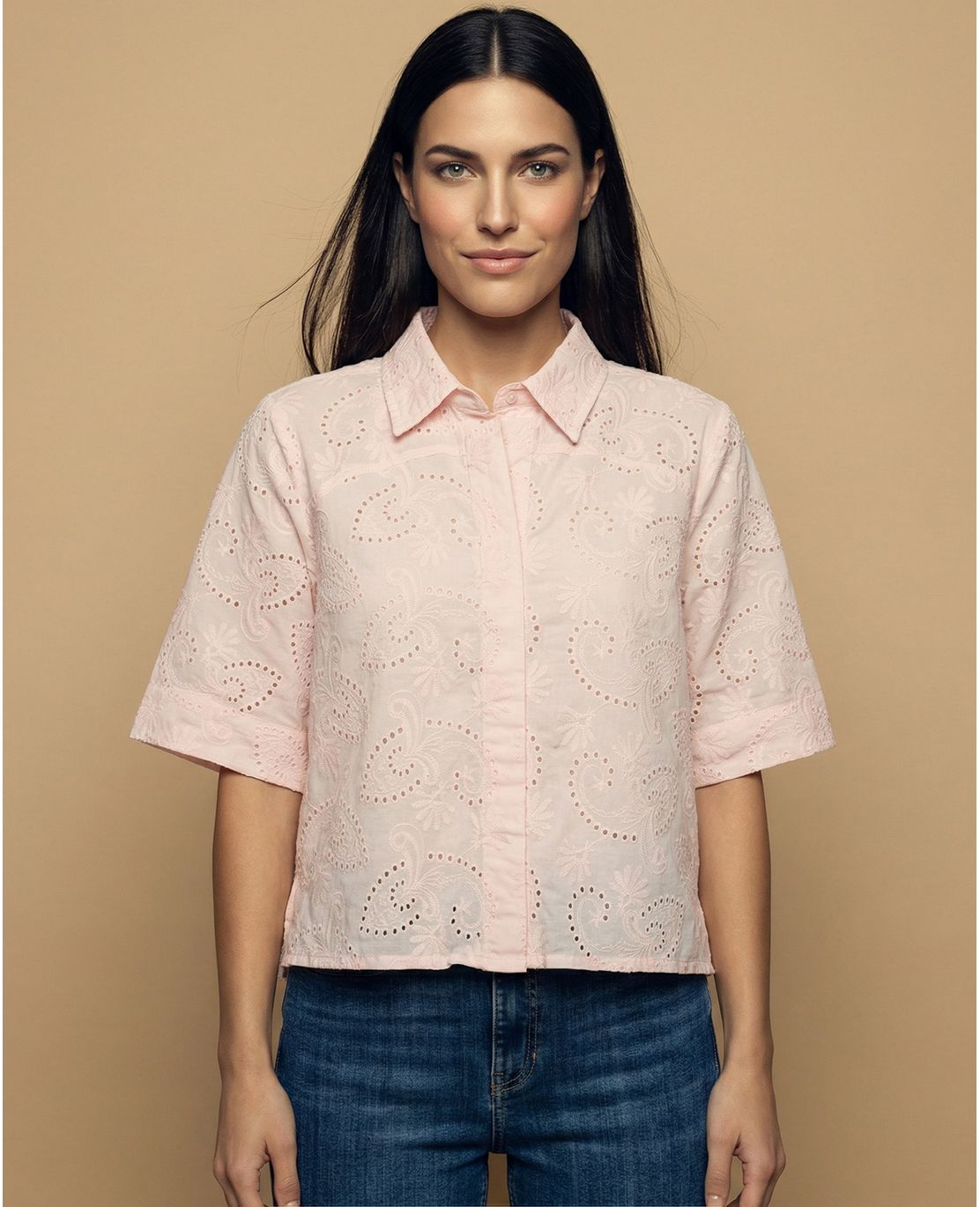 Camisa tejido con textura manga 3/4 cuello camisero