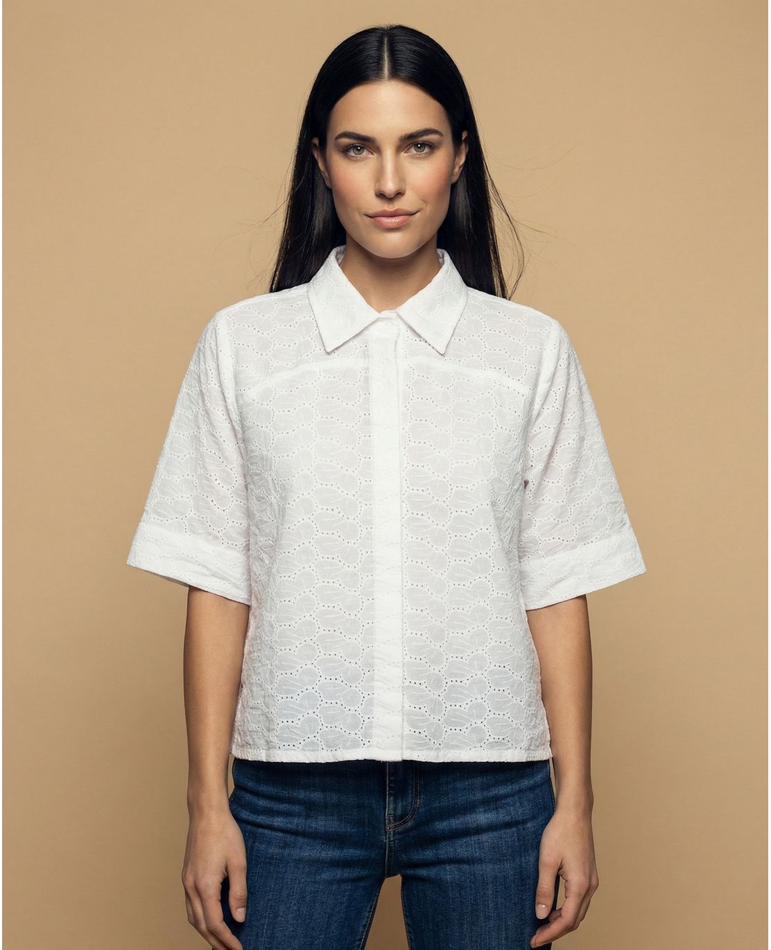 Camisa tejido con textura manga 3/4 cuello camisero