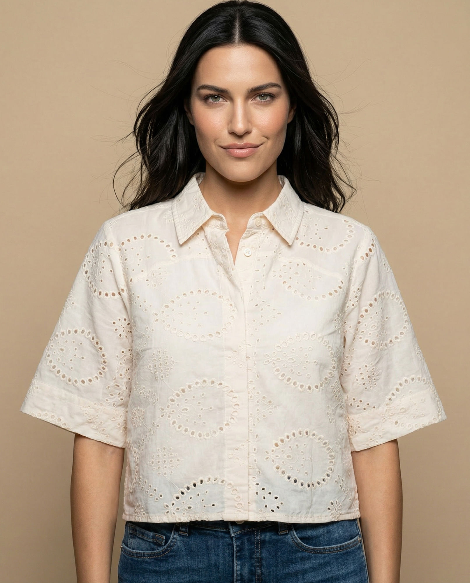 Camisa tejido con textura manga 3/4 cuello camisero