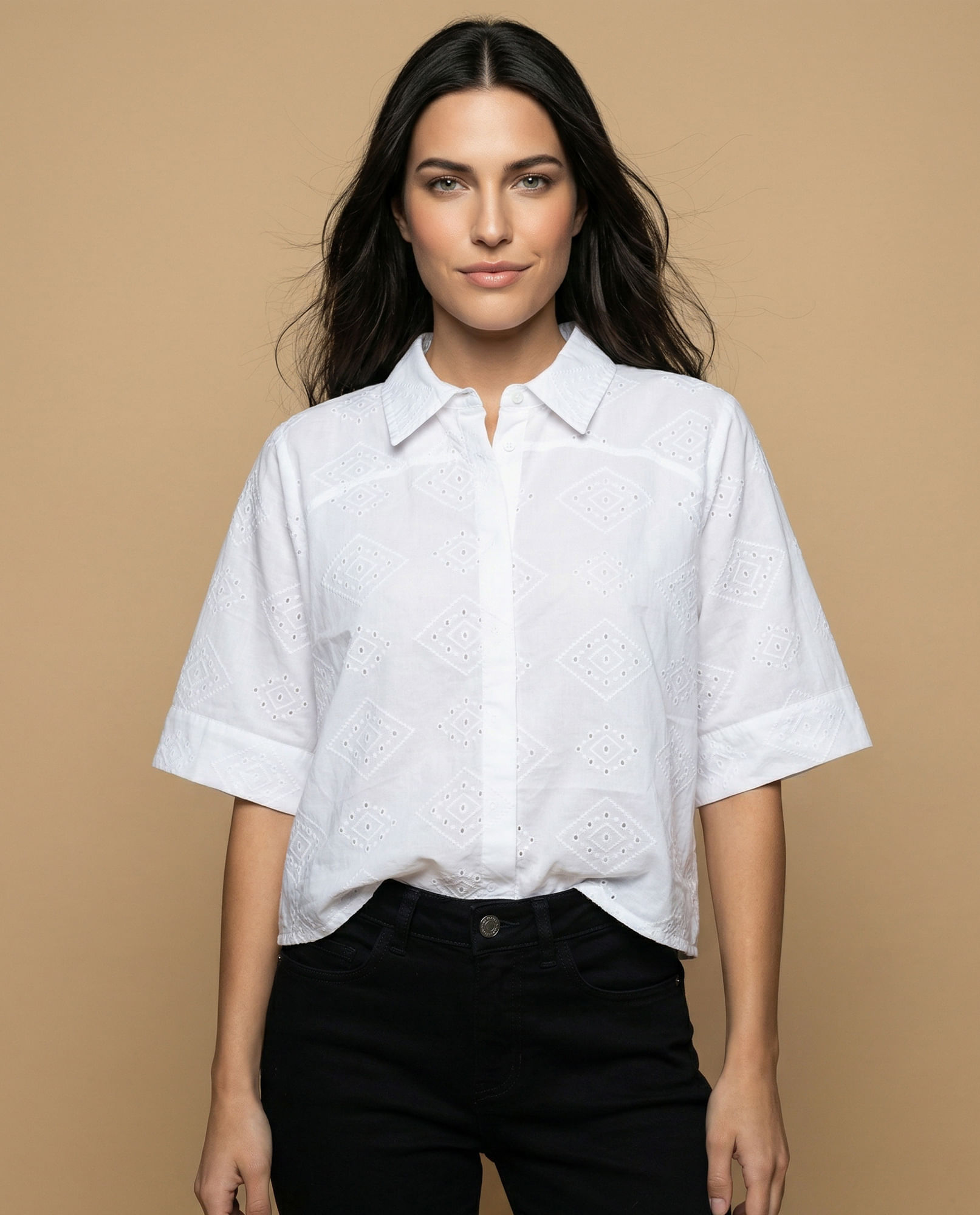 Camisa tejido con textura manga 3/4 cuello camisero