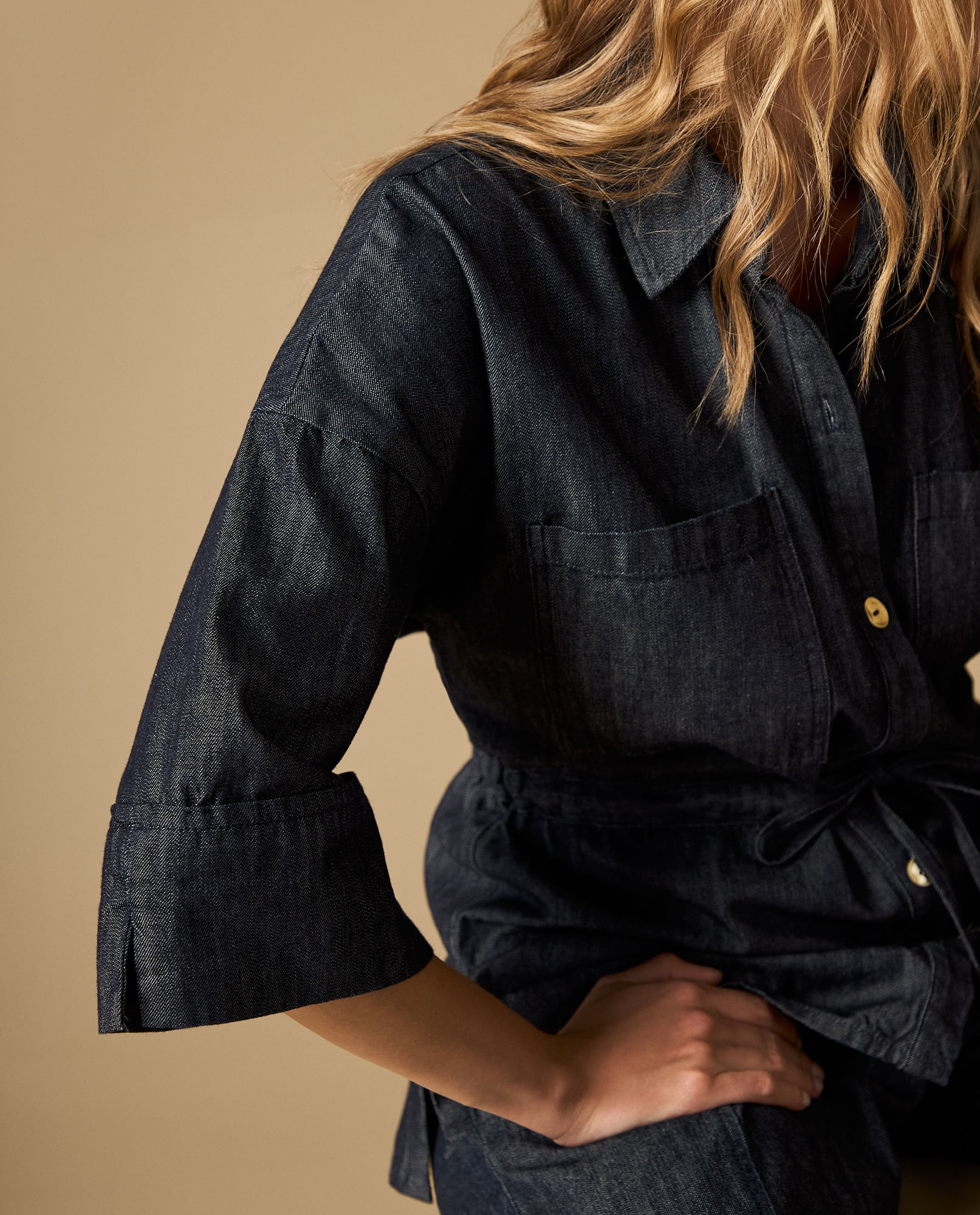 Camisa denim cuello camisero manga 3/4