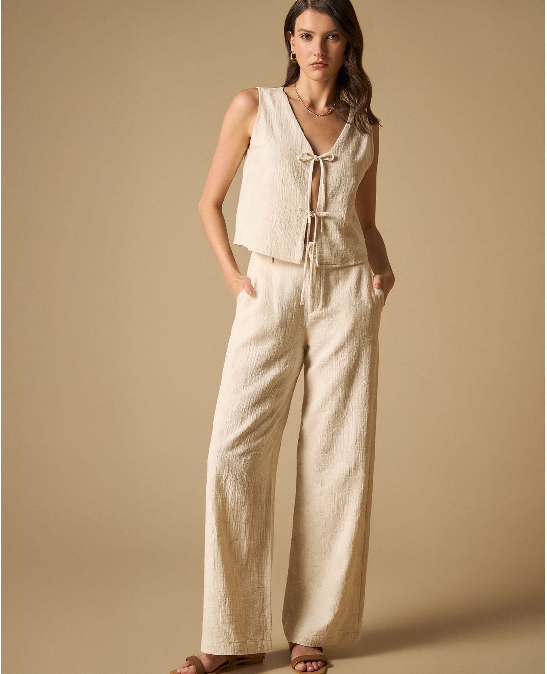 Pantalón palazzo de cintura alta con cordón para mujer