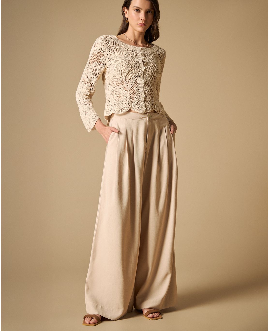 Pantalón palazzo talle alto con bolsillos para mujer