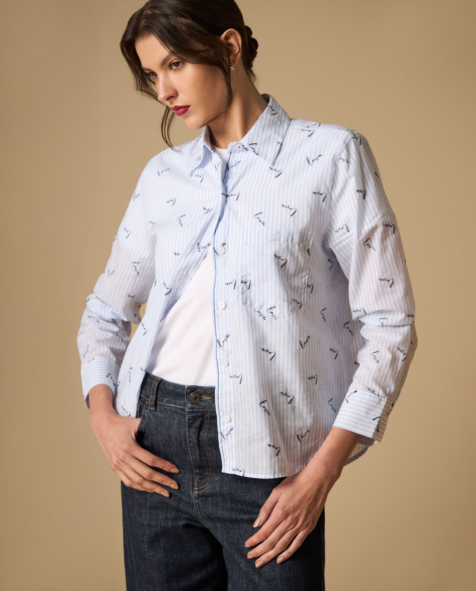 Camisa de cuello camisero manga larga en algodón