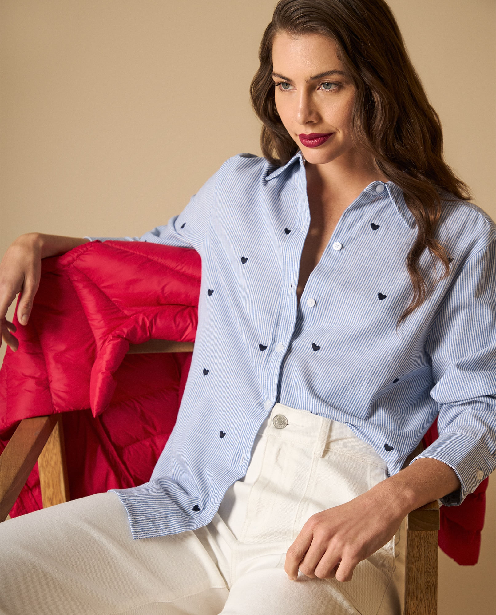 Camisa camisera manga larga en mezcla de algodón y lino