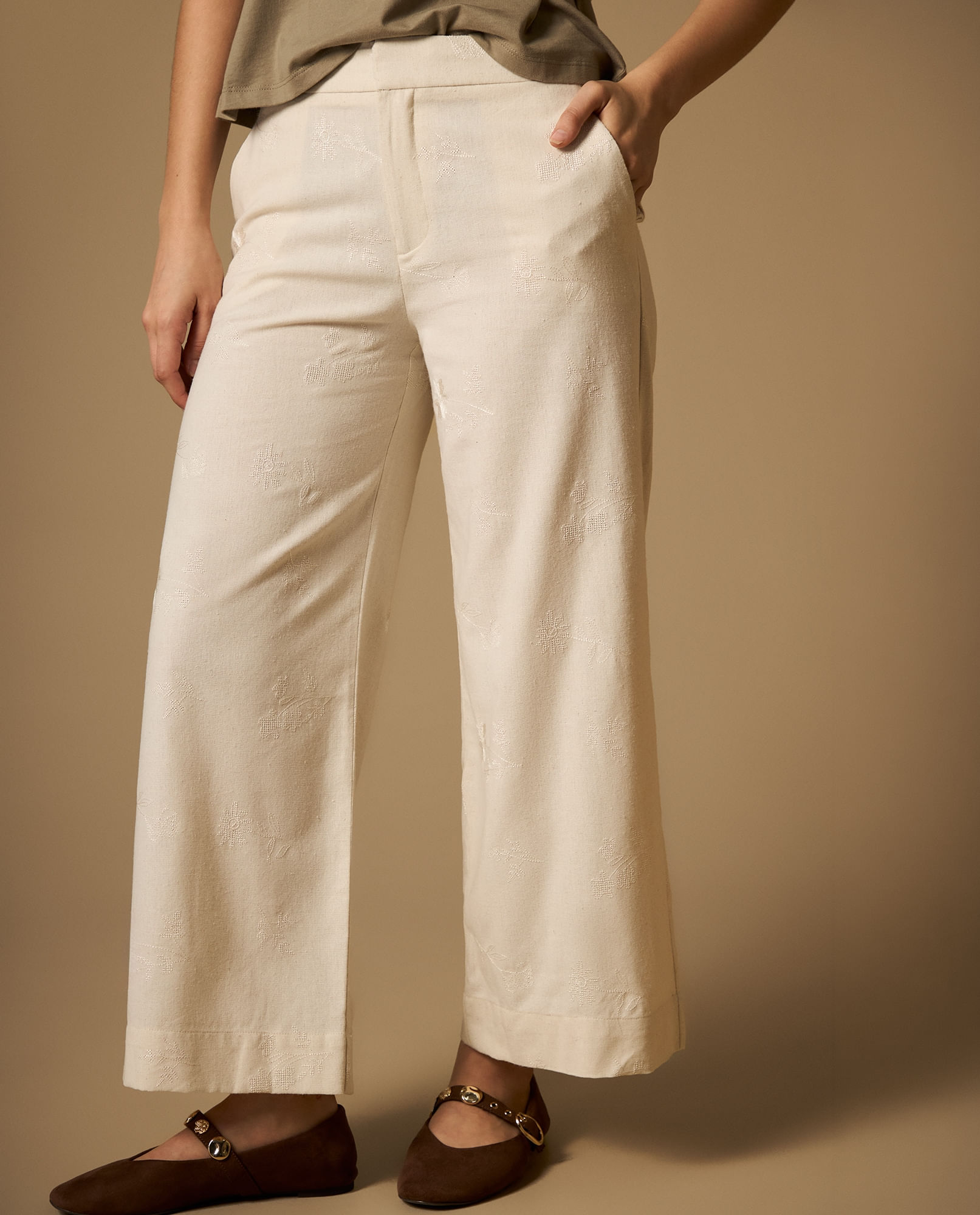 Pantalón culotte largo capri con mezcla de lino